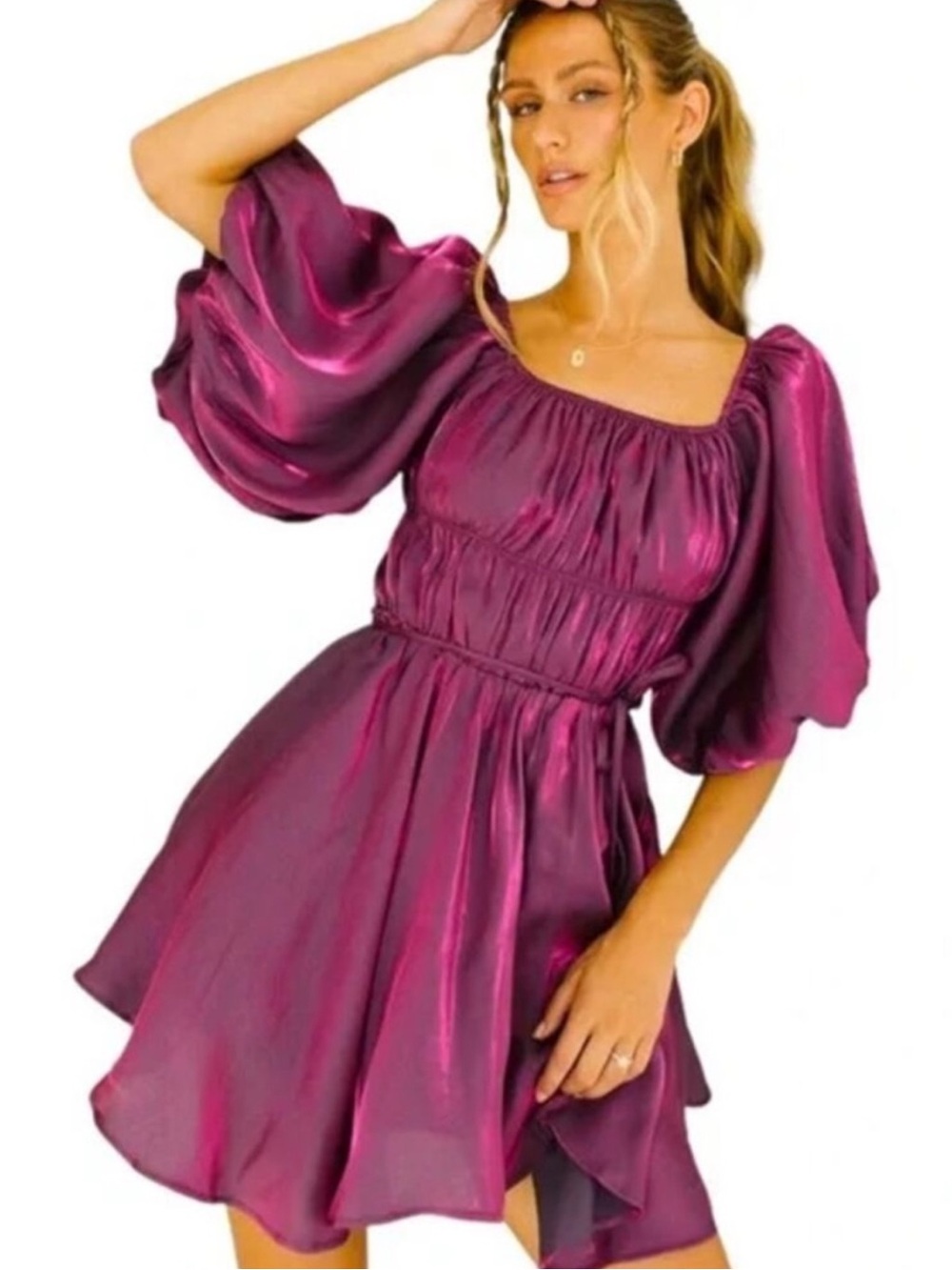 Altar’d State Amabella Puff Sleeve Mini Dress (Metallic Plum)